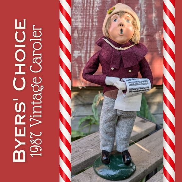 Byers' Choice Caroler 1987 Vintage Christmas Boy w/Rolled Sheet Music Red Coat - Picture 1 of 9